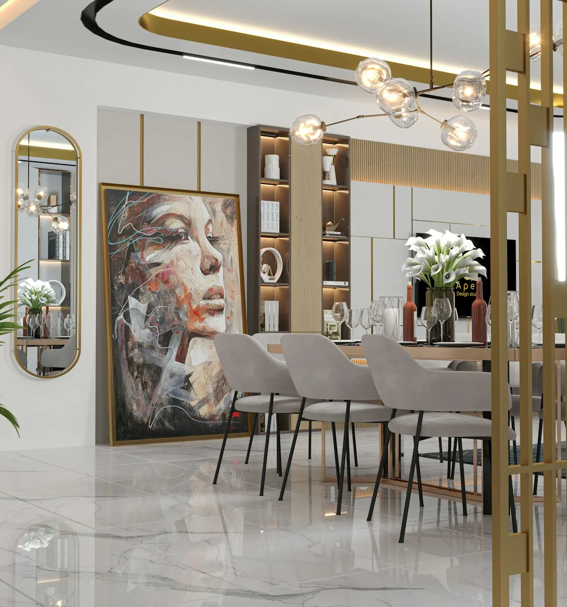 un comedor con una gran pintura en la pared