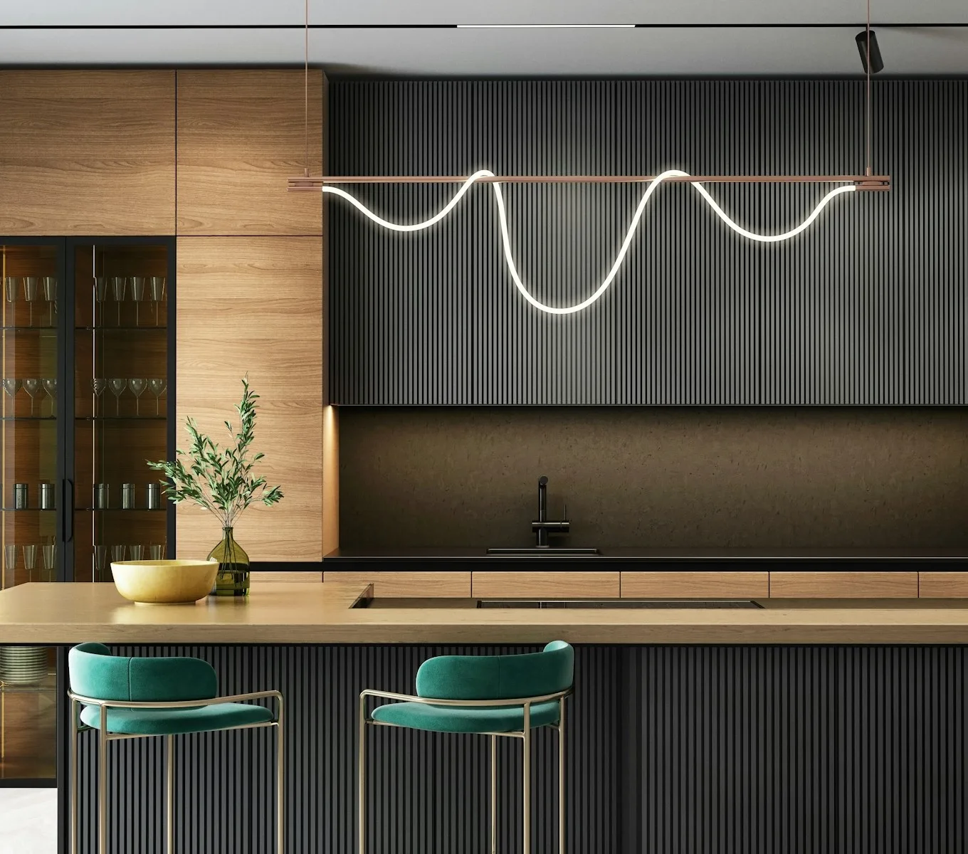 una cocina moderna con una barra y taburetes