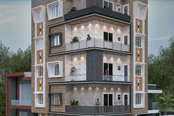 Here is a possible caption: modern building with balconies and a rooftop garden.