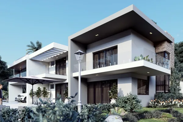a two story house with a lot of windows and balconies